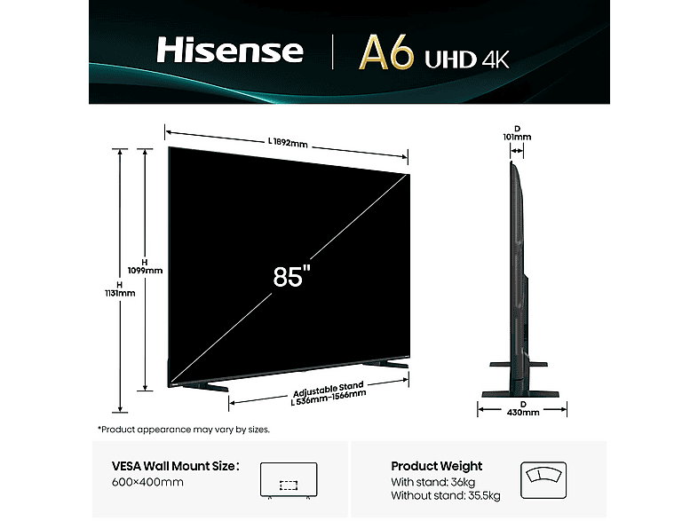 HISENSE 85A6Q — TV LED 85", Negro, UHD 4K, Quad Core/MT9603, Smart TV, vista 2