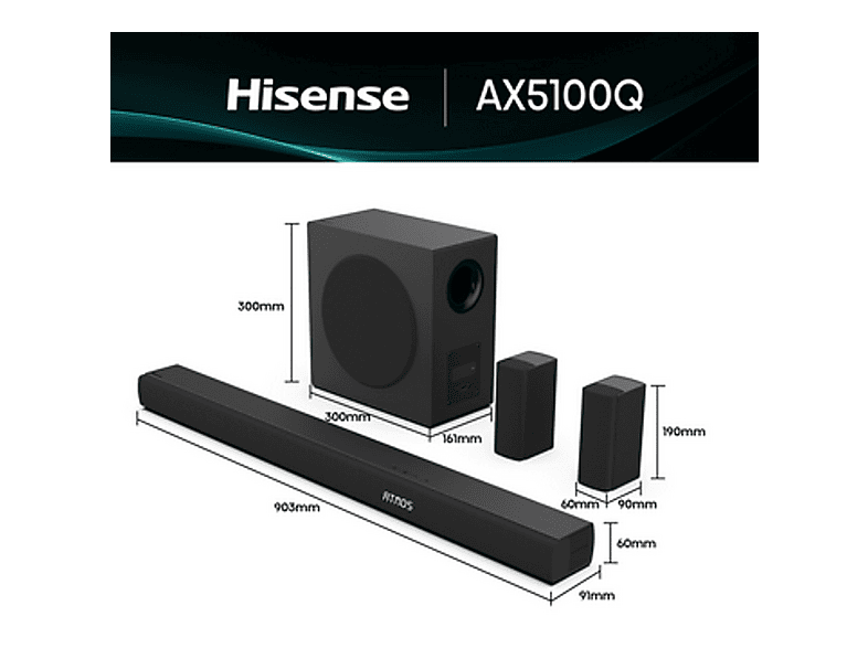 HISENSE AX5100Q/580W/ATMOS — Barra de sonido, Bluetooth, Negro, Subwoofer Inalámbrico, vista 3