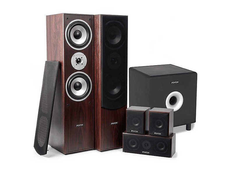 FENTON Conjunto de altavoces envolventes 5.1 para cine en casa en nogal de 1300 W con subwoofer de 8" — Subwoofer, Brown