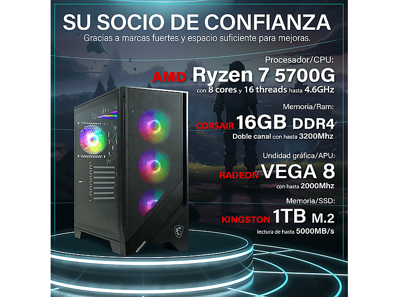 HYPER BYTE Gen2 Gaming | completo set PC — Pack PC gaming, 16 GB RAM, 1000 GB SSD, AMD Ryzen 7 5700G, Radeon™ RX Vega 8, vista 2