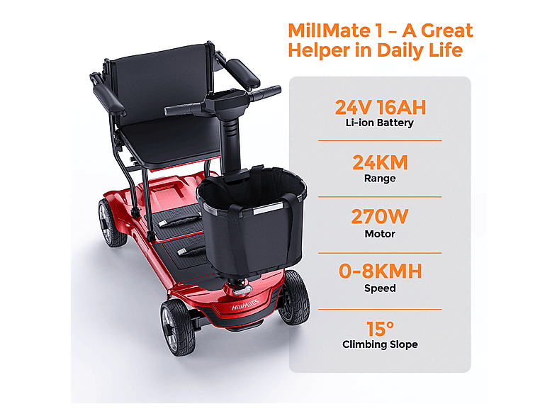 HILLMILES EASE 2 PRO — Scooter de Movilidad, Rojo, vista 2