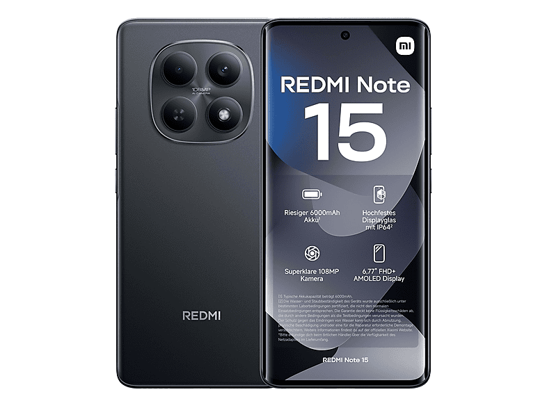 XIAOMI REDMI NOTE 15 6,77P/4G/8N/6+128GB/B       — Smartphone, Negro, 8 GB RAM, 6000 mAh, Móvil Android
