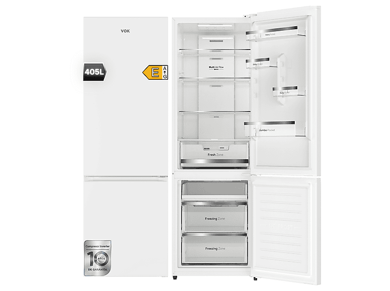 VOK EVR-405NEW — Frigorífico combinado, Altura 185,5 cm, Blanco, Compresor Inverter, No Frost
