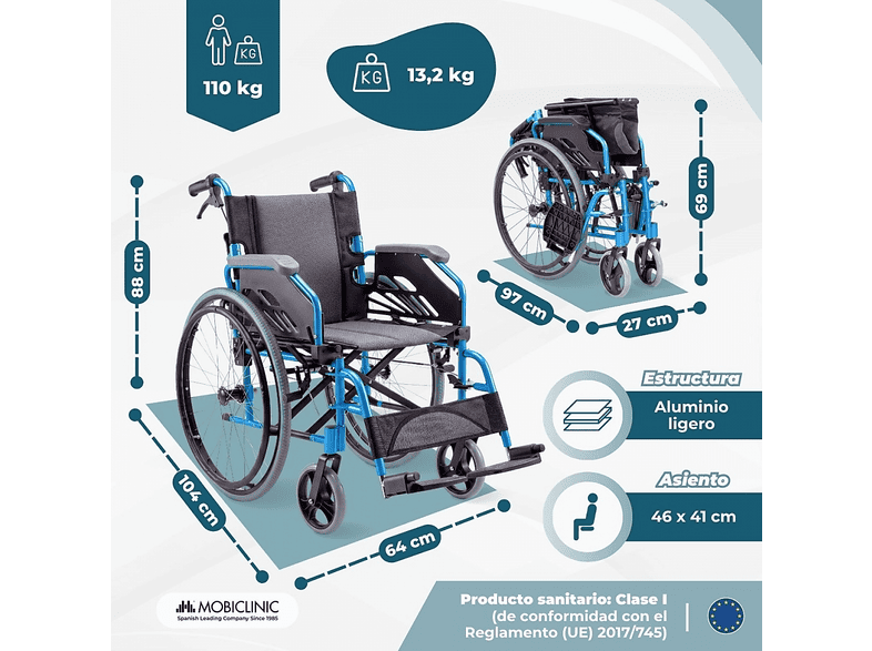 MOBICLINIC Bolonia — Silla de ruedas, Azul, vista 2