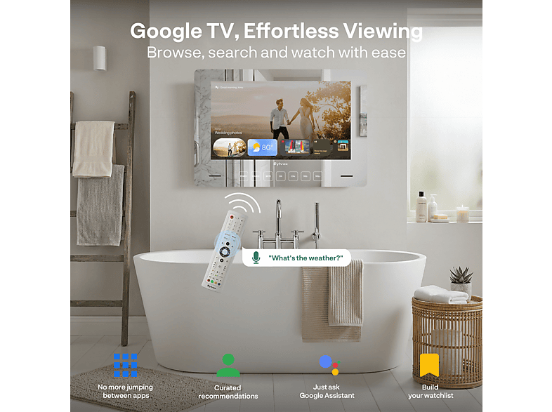 SYLVOX Espejo de baño inteligente — TV LCD 32", Blanco, impermeable, 12V, Full-HD, vista 4