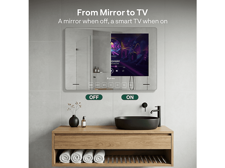 SYLVOX Espejo de baño inteligente — TV LCD 32", Blanco, impermeable, 12V, Full-HD, vista 5