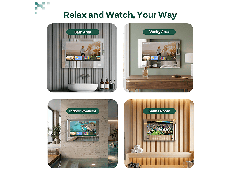 SYLVOX Espejo de baño inteligente — TV LCD 32", Blanco, impermeable, 12V, Full-HD, vista 6