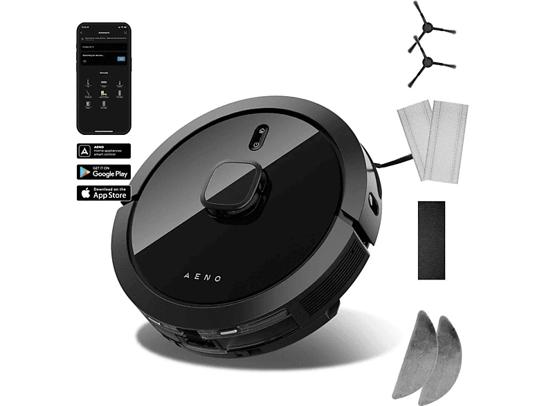 AENO RC7S — Robot aspirador, 200 W, Negro, Potencia de succión 4000 Pa, Depósito 0,30 l