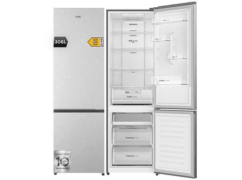 VOK EVR-308NCEI — Frigorífico combinado, Altura 185,5 cm, Inox, Compresor Inverter, No Frost
