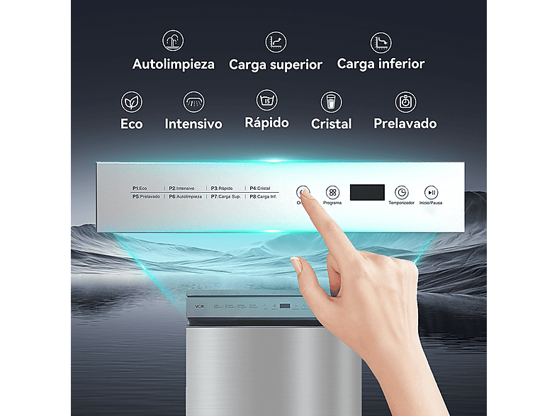 VOK EVD-14FCSADN — Lavavajillas libre instalación 60 cm, 14 servicios, 8 programas, 60 cm, Inox, vista 6