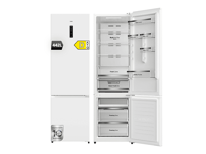 VOK EVR-442NDWCP — Frigorífico combinado, Altura 198,5 cm, Blanco, Compresor Inverter, No Frost