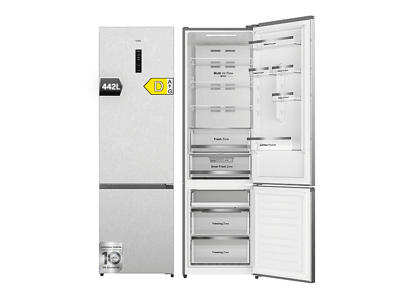 VOK EVR-442NDICP — Frigorífico combinado, Altura 198,5 cm, Inox, Compresor Inverter, No Frost