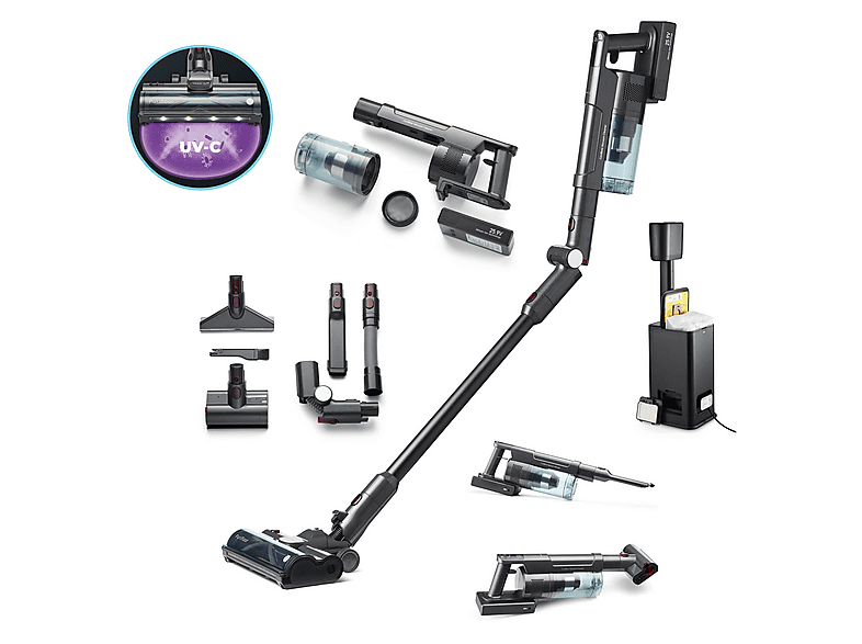CLEAN AIR OPTIMA Vertica Dock Purifloor con esterilización por UV-C — Aspirador de mano, 420 W, Gris, Potencia de succión 26 kPa, Depósito 600 ml