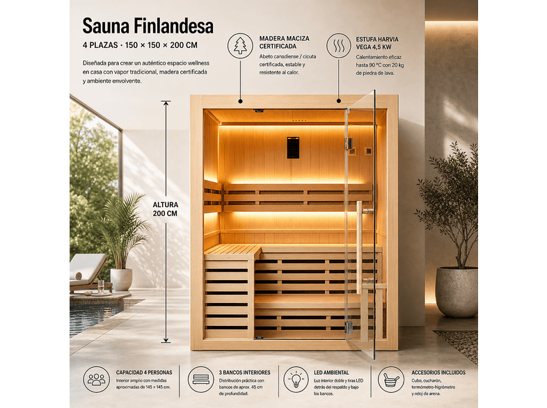 NIXSPA tradicional 4 plazas vapor 4,5kW NIXSPA-4PK (4.5KW) — Sauna, Madera, vista 2