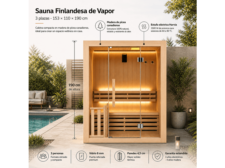 NIXSPA tradicional 3 plazas vapor 3,5kW NIXSPA-3PK (3.5KW) — Sauna, Madera, vista 2