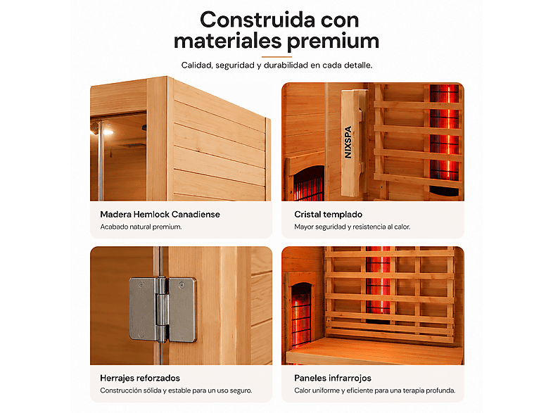 NIXSPA 2 personas con 5 paneles — Sauna de infrarrojos, Madera, Bluetooth y control digital, vista 4