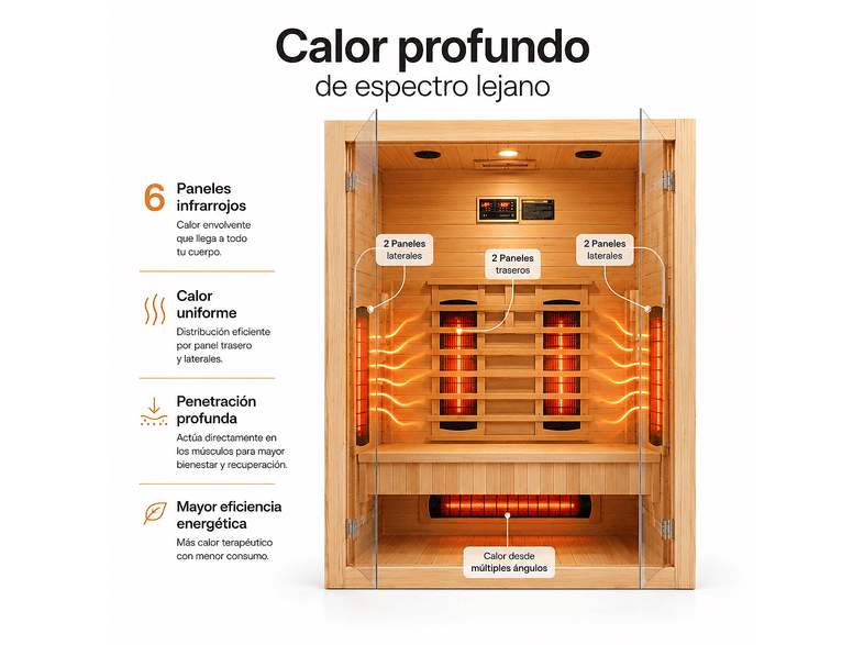 NIXSPA 3 personas de madera maciza con 6 paneles — Sauna de infrarrojos, Bluetooth y puerta panorámica, vista 3