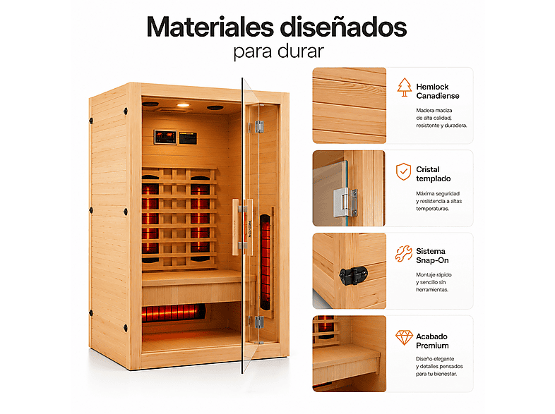 NIXSPA 3 personas de madera maciza con 6 paneles — Sauna de infrarrojos, Bluetooth y puerta panorámica, vista 4