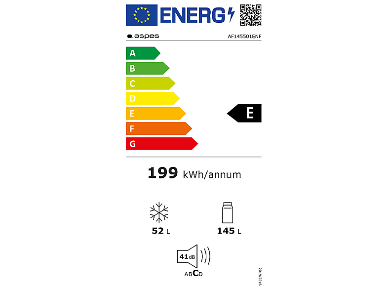 ASPES AF145501ENF — Frigorífico dos puertas, Altura 142,4 cm, Blanco, No Frost, Capacidad 197 l, vista 4