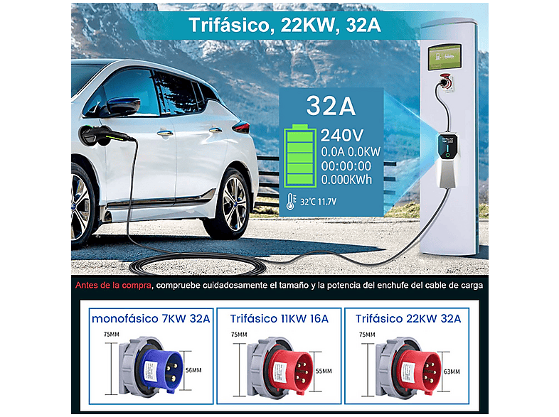 HEXINEX 22Kw Tipo 2 CEE de 5 Pinos 6A - 16A - 32A — Punto de recarga vehículo eléctrico, Black, vista 2