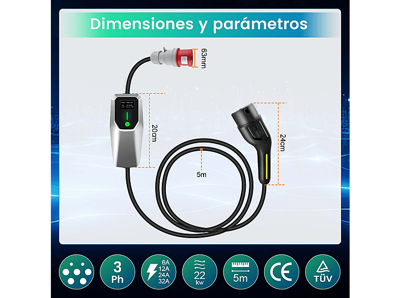 HEXINEX 22Kw Tipo 2 CEE de 5 Pinos 6A - 16A - 32A — Punto de recarga vehículo eléctrico, Black, vista 10