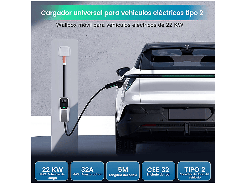 HEXINEX 22Kw Tipo 2 CEE de 5 Pinos 6A - 16A - 32A — Punto de recarga vehículo eléctrico, Black, vista 11