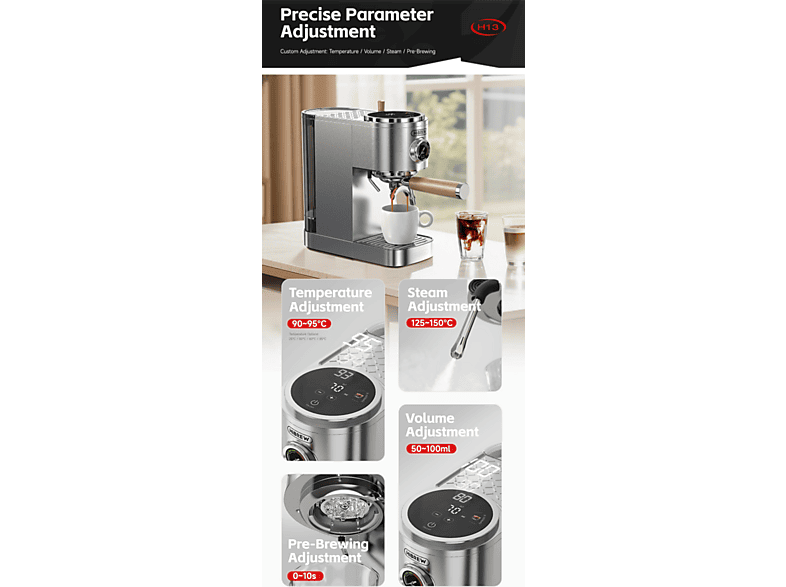 HIBREW H13 — Cafetera espresso manual, 2100 W, 20 bar, plata, vista 2
