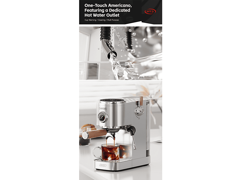 HIBREW H13 — Cafetera espresso manual, 2100 W, 20 bar, plata, vista 6