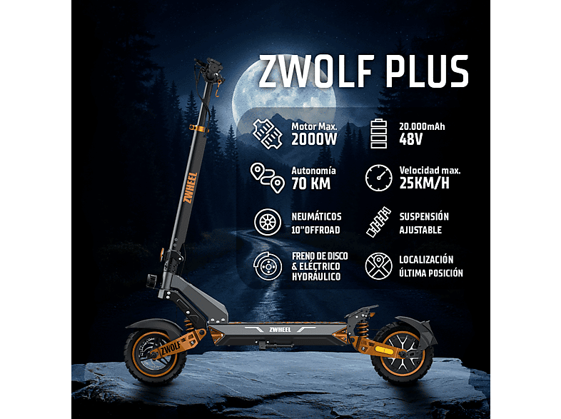 ZWHEEL ZWolf Plus — Patinete eléctrico, Pot. máx. 2000 W, Carga máx. 120 kg, 20000 mAh, 70 km autonomía, vista 2