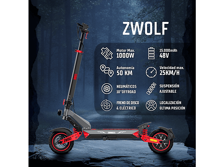 ZWHEEL ZWolf — Patinete eléctrico, Pot. máx. 1000 W, Carga máx. 120 kg, 15000 mAh, 50 km autonomía, vista 2