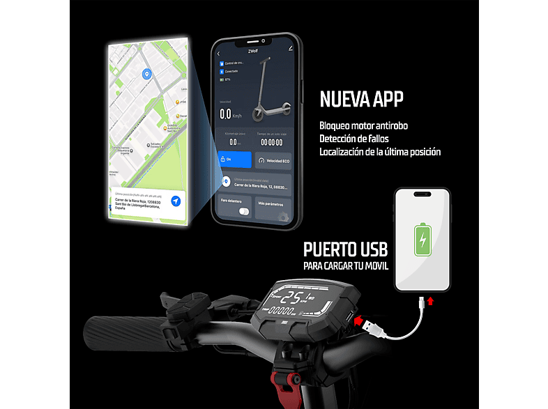 ZWHEEL ZWolf — Patinete eléctrico, Pot. máx. 1000 W, Carga máx. 120 kg, 15000 mAh, 50 km autonomía, vista 5