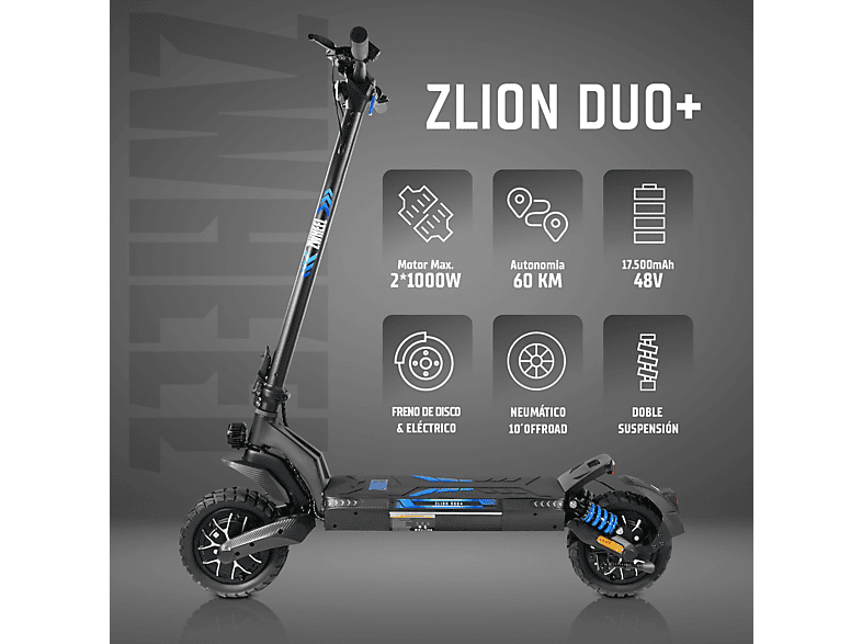 ZWHEEL ZLion Duo+ — Patinete eléctrico, Pot. máx. 2000 W, Carga máx. 120 kg, 17500 mAh, Negro, vista 2
