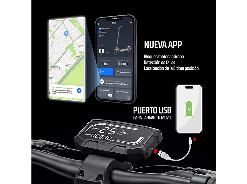 ZWHEEL ZLion Duo+ — Patinete eléctrico, Pot. máx. 2000 W, Carga máx. 120 kg, 17500 mAh, Negro, vista 9