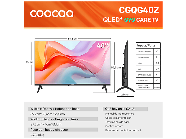 COOCAA CG40 — TV QLED 40", Negro, Full-HD, Smart TV, DVB-T2 (H.265), vista 9
