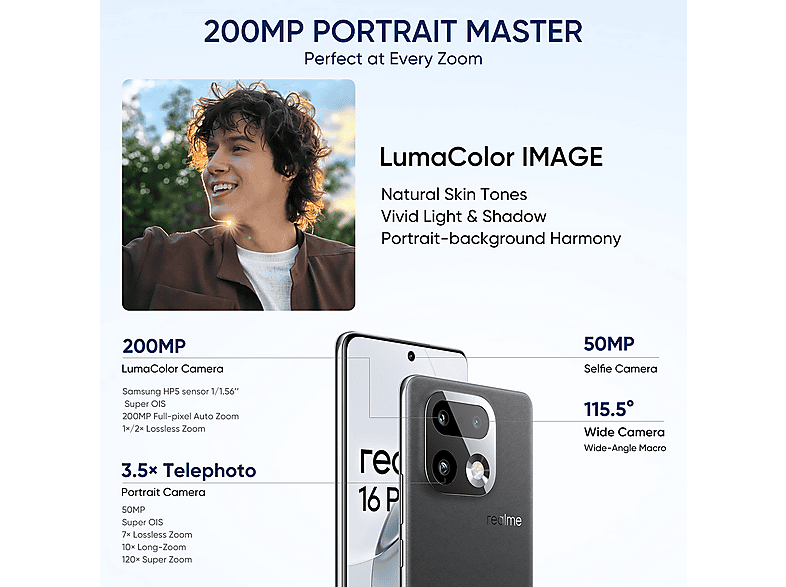 REALME 16 Pro+ 5G — Smartphone, Gris, 512 GB, 12 GB RAM, 7000 mAh, vista 3