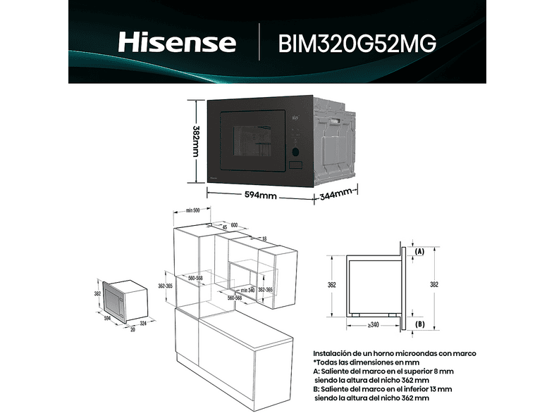 HISENSE BIM320G52MG — Microondas con grill integrable, 800 W, 5 potencia, 20 l, Negro Mate, vista 2