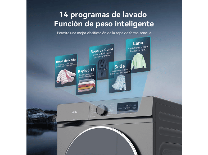 VOK EVW-10BAGL2412 — Lavadora de carga frontal, 10 kg, 14 programas, Gris, 1200 rpm, vista 6