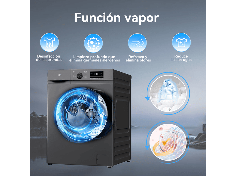 VOK EVW-10BAGL2412 — Lavadora de carga frontal, 10 kg, 14 programas, Gris, 1200 rpm, vista 7