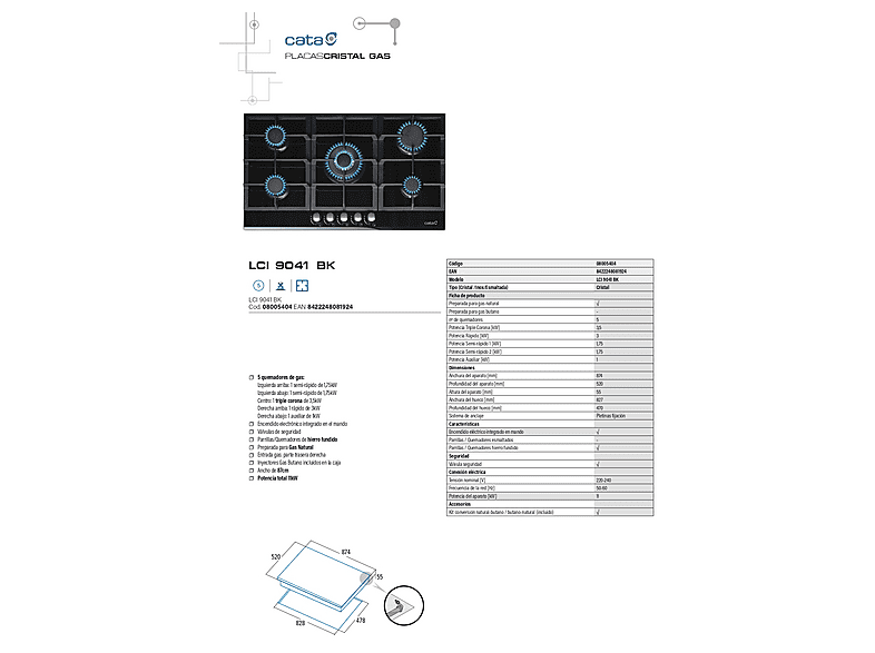 CATA LCI 9041 BK 8005404 — Placa de gas, 87,4 cm, Negro, 5 zonas, Butano o Natural, vista 10