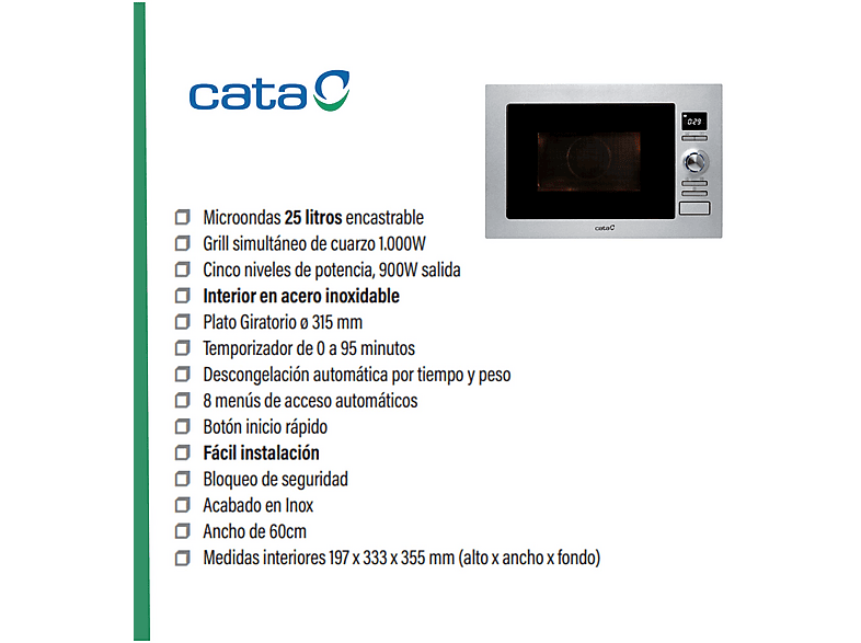 CATA 07510300 MC25D — Microondas integrable, 1000 W, Inox, 5 potencia, 25 l, vista 7