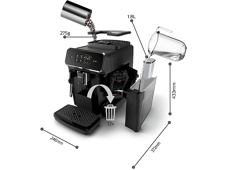 PHILIPS EP1200/00 — Cafetera express, 1500 W, Negro, 15 bar, 0 l, vista 3