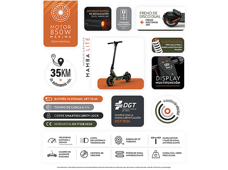OLSSON MAMBA LITE homologado DGT 35km autonomía — Patinete eléctrico, Pot. máx. 850 W, Carga máx. 120 kg, 10000 mAh, hasta 35 km autonomía, vista 2