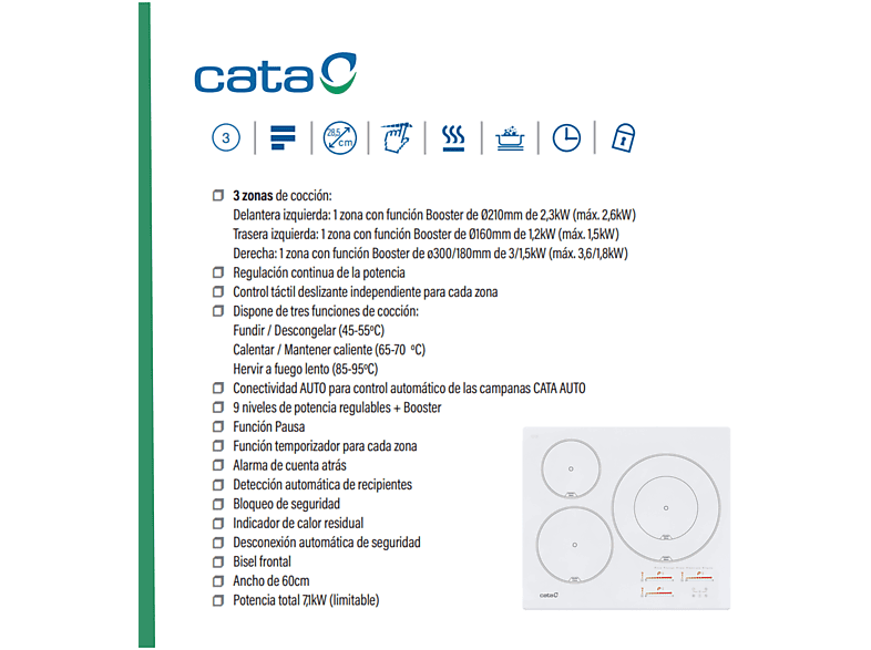 CATA INSB 6030 WH — Encimera inducción, 59 cm, Blanco, 3 zonas, vista 3